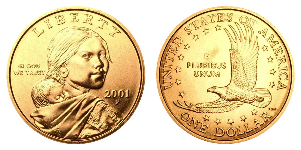 2001 Sacagawea Dollar obverse and reverse showing golden manganese brass color