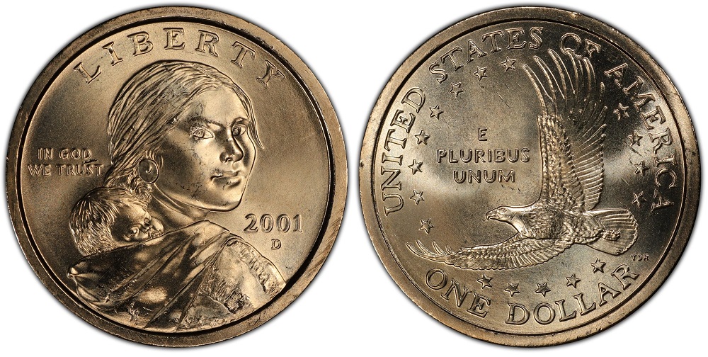 Side-by-side comparison of normal 2001 Sacagawea Dollar vs wrong-planchet error struck on State Quarter planchet
