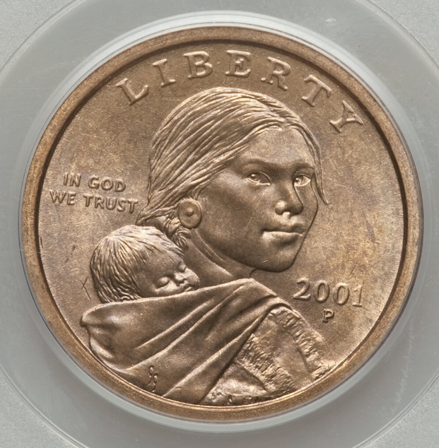 2001-P Experimental Rinse Sacagawea Dollar showing altered surface chemistry compared to standard coin