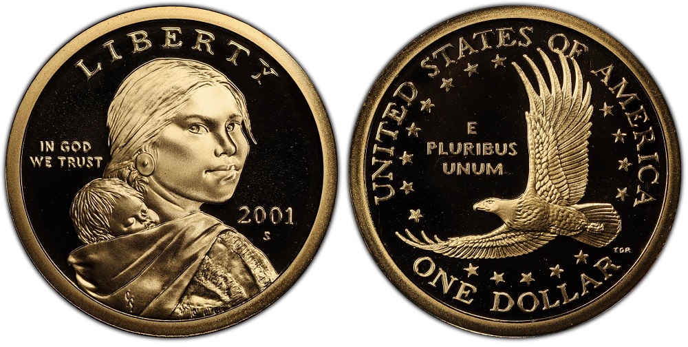 2001-S Sacagawea Dollar proof DCAM showing frosted Sacagawea portrait against mirror fields in PCGS holder