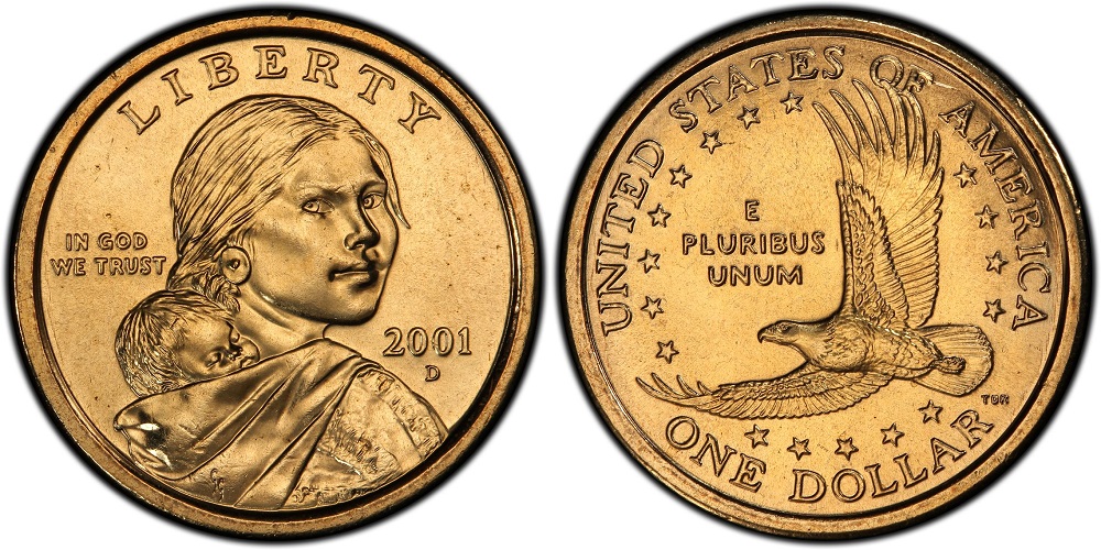 2001 Sacagawea Dollar grading strip showing four condition tiers from worn to gem uncirculated